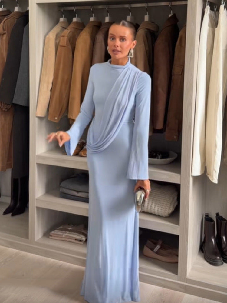 Damen Maxikleid mit Drapierter Front, Stehkragen und Glockenärmeln Drune