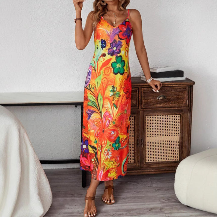 Damen Maxikleid mit buntem Blumenmuster und Spaghettiträgern Drune