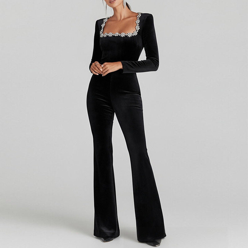 Damen Eleganter Flared Overall mit floralem Ausschnitt und langen Ärmeln Drune