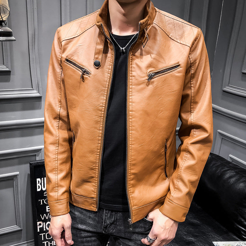 Herren Slim-Fit Kunstleder‑Racerblouson mit Stehkragen und Reißverschluss‑Brusttaschen Drune
