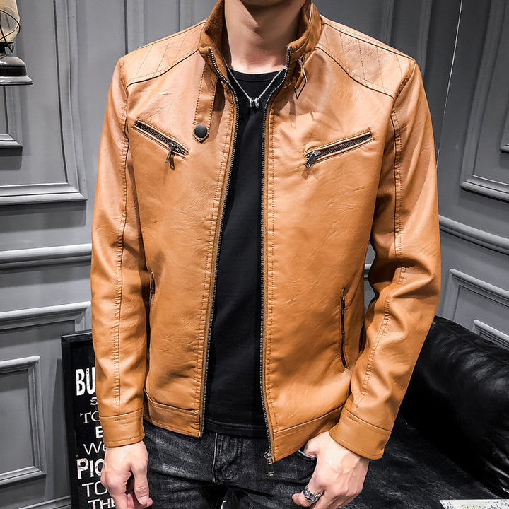 Herren Slim-Fit Kunstleder‑Racerblouson mit Stehkragen und Reißverschluss‑Brusttaschen Drune