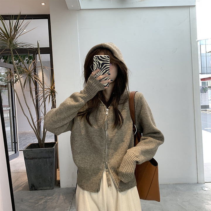 Damen modische Strickjacke mit Kapuze und Reißverschluss Drune