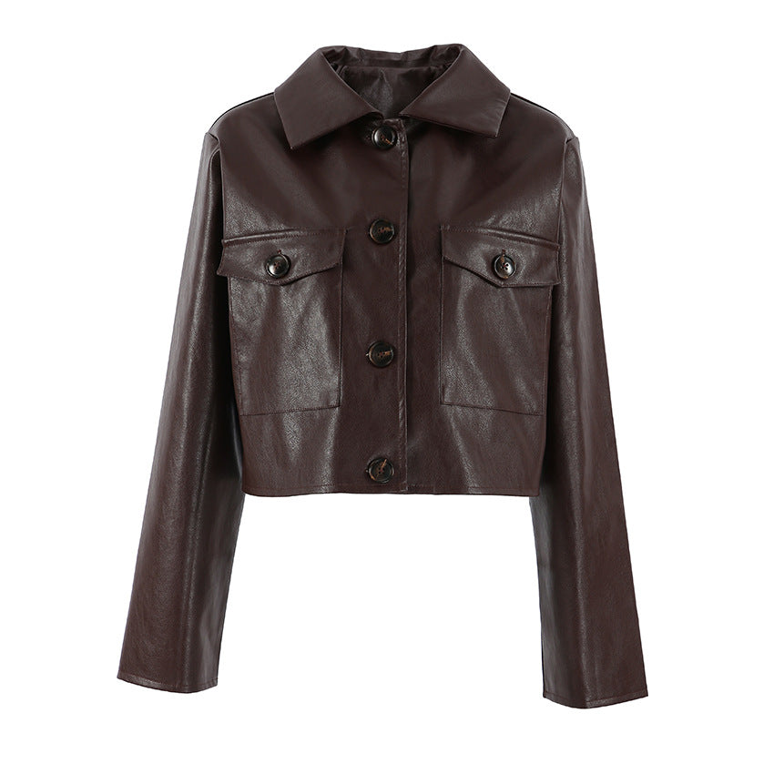 Damen Modische Kunstlederjacke mit cropped Schnitt und funktionellen Taschen Drune