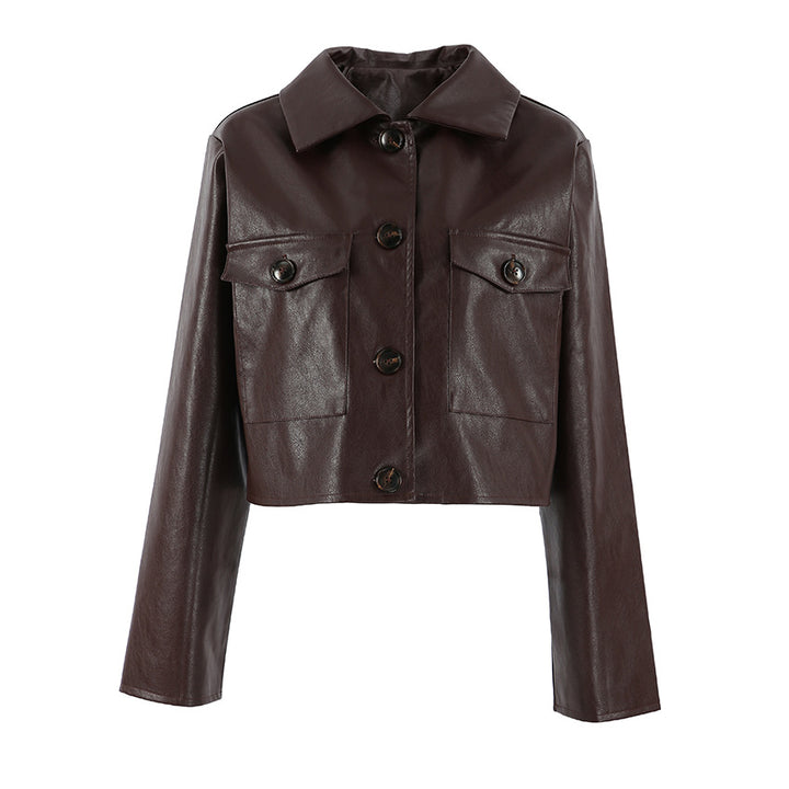 Damen Modische Kunstlederjacke mit cropped Schnitt und funktionellen Taschen Drune