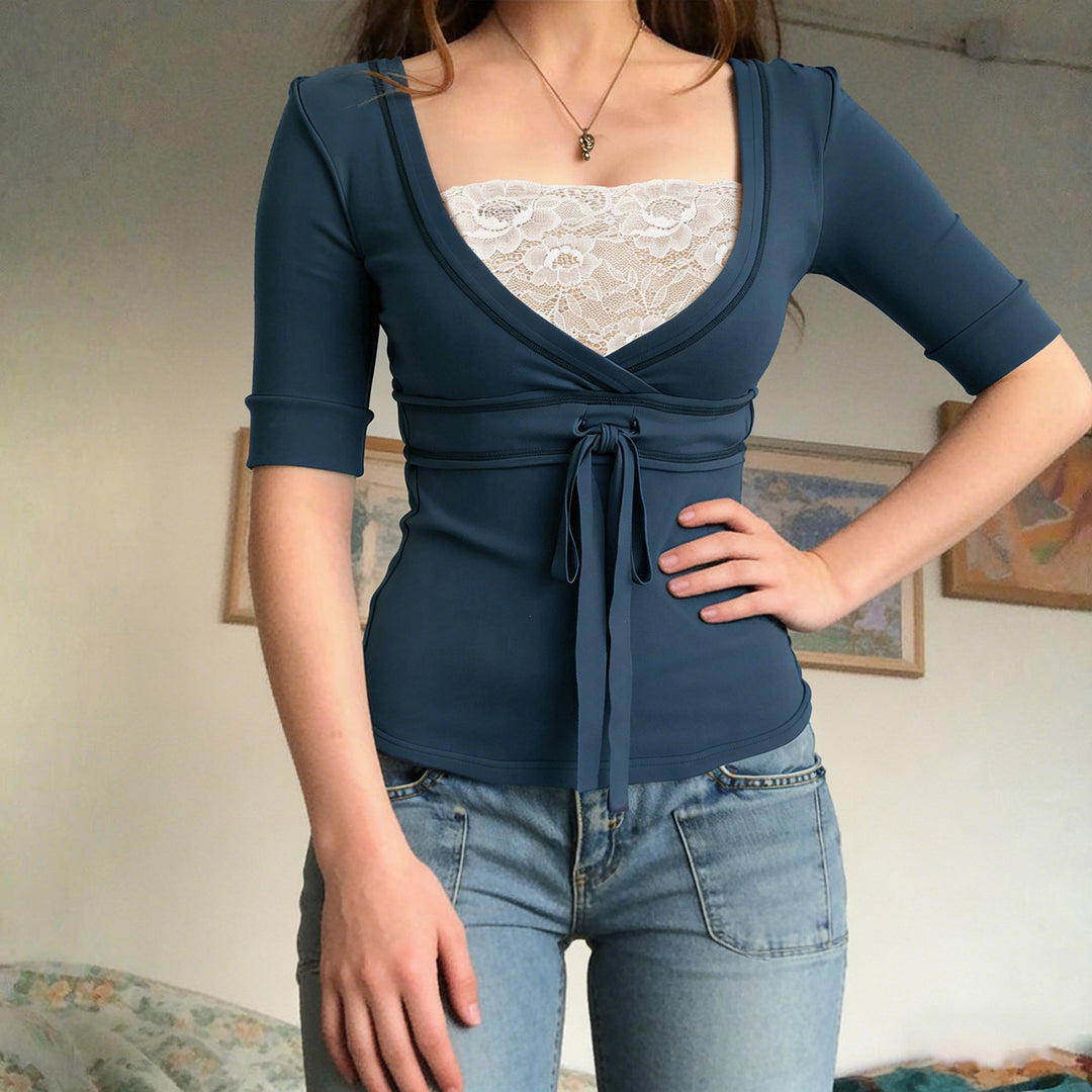 Damen Wickeloberteil mit eleganter Schleife und tiefem V-Ausschnitt Drune