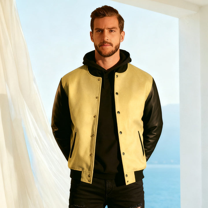 Herren Varsity‑Bomberjacke im College‑Stil mit Wollkörper und Lederärmeln Drune