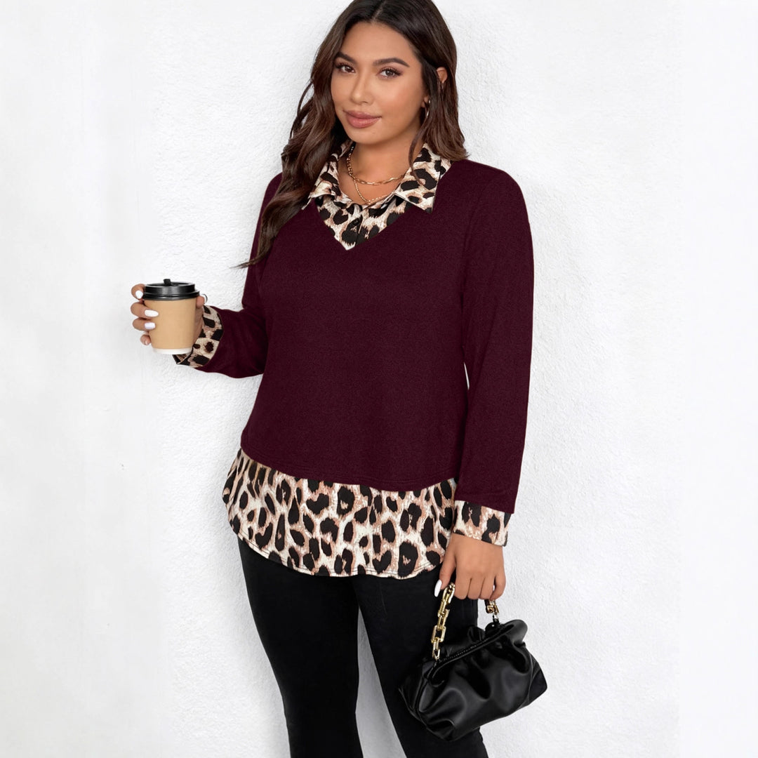 Damen Lagenlook-Pullover mit V-Ausschnitt und Leoprint-Blusen-Einsatz Drune