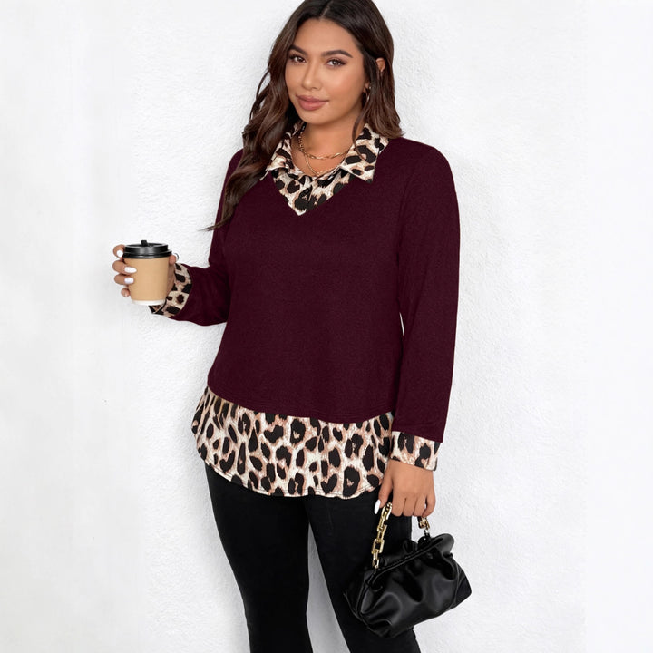 Damen Lagenlook-Pullover mit V-Ausschnitt und Leoprint-Blusen-Einsatz Drune