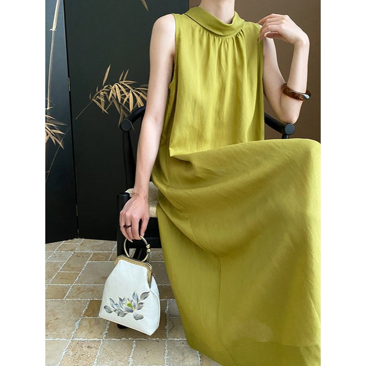 Damen Maxikleid mit hochgeschlossenem Kragen und fließendem Schnitt Drune