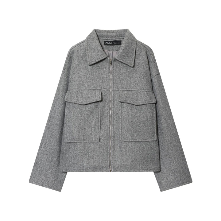 Damen nan kastige Wolljacke mit durchgehendem Reißverschluss, großen Pattentaschen und Hemdkragen Drune