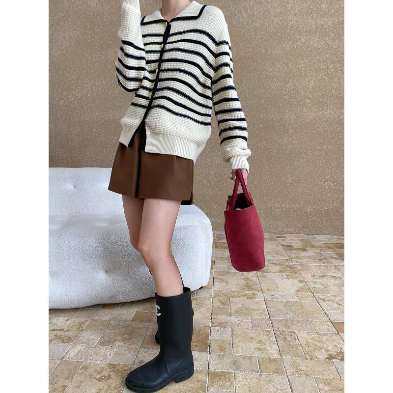 Damen gestreifte Strickjacke mit Druckknopfverschluss und lässiger Passform Drune