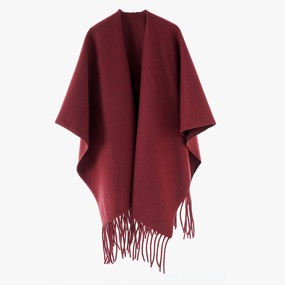 Damen Minimalistischer Wollcape-Überwurf mit Fransensaum und offenem Fall Drune