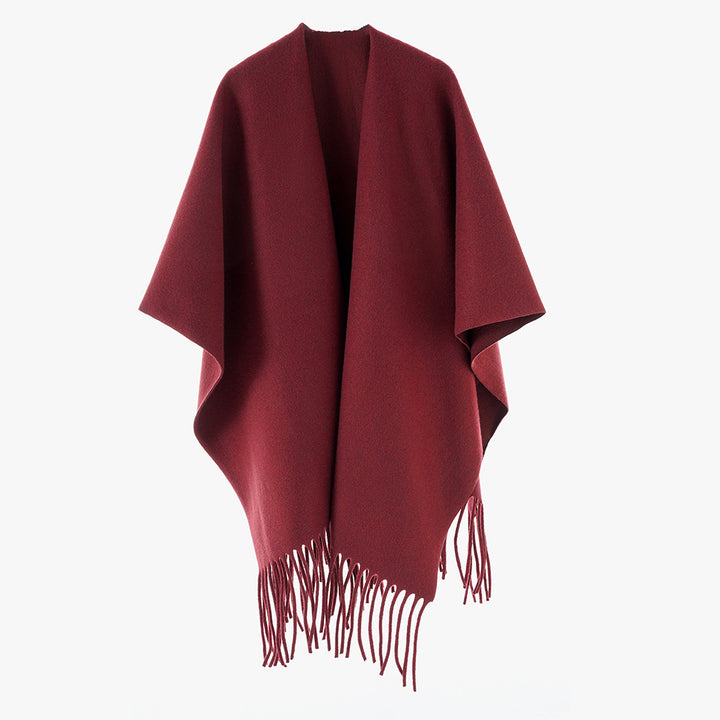 Damen Minimalistischer Wollcape-Überwurf mit Fransensaum und offenem Fall Drune