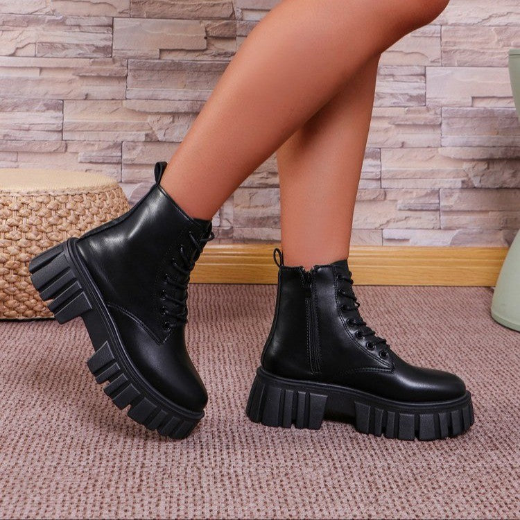 Damen robuste Schnürstiefel mit trendiger Plattformsohle und rutschfester Gummisohle Drune