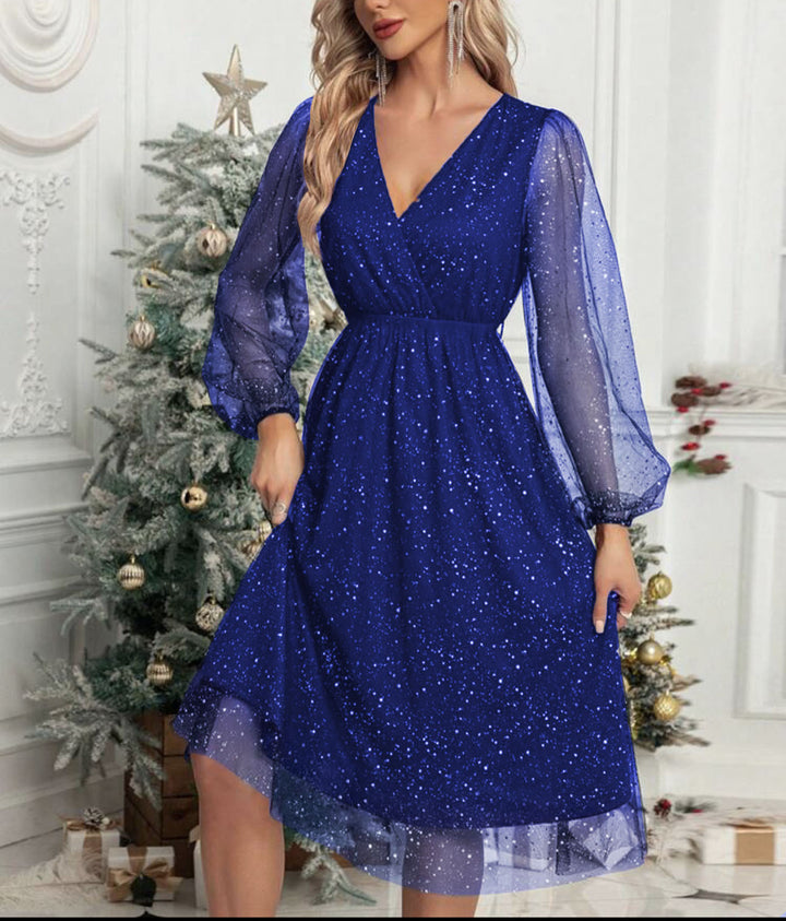 Damen Festliches Midikleid aus Glitzer‑Chiffon mit V‑Ausschnitt, tailliertem Gummibund und Ballonärmeln Drune