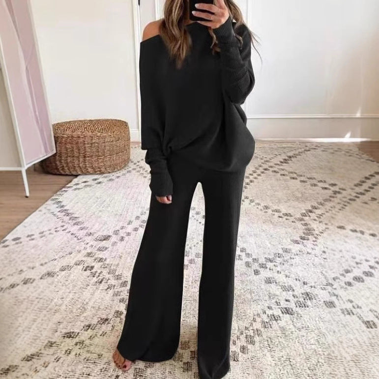 Damen Lässiges Strick-Loungewear-Set mit weitem Schnitt und off-shoulder Oberteil Drune
