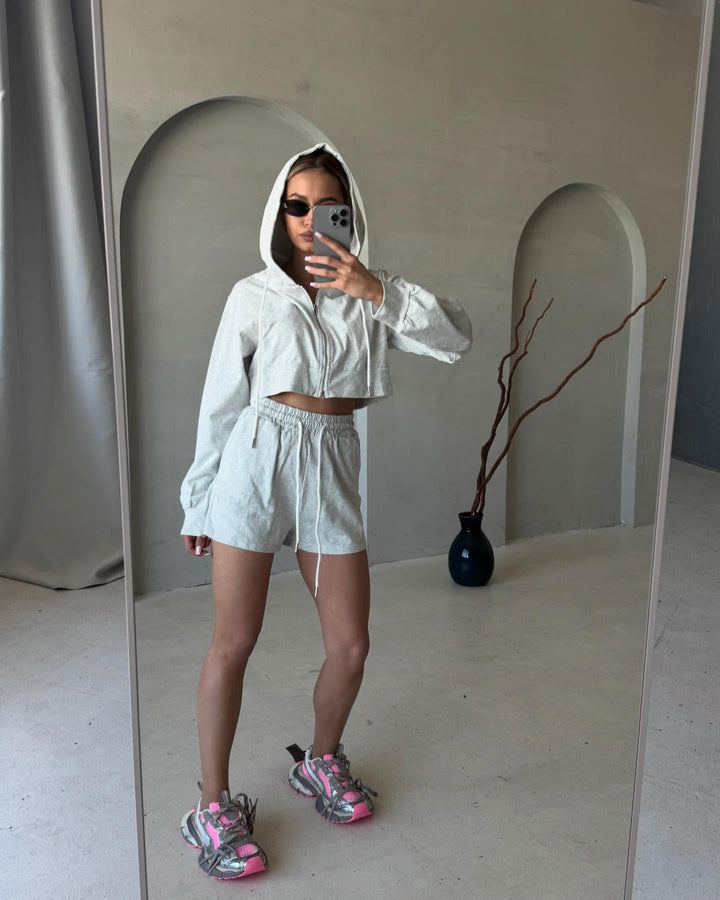 Damen Freizeit-Crop-Set mit Hoodie und Shorts Drune