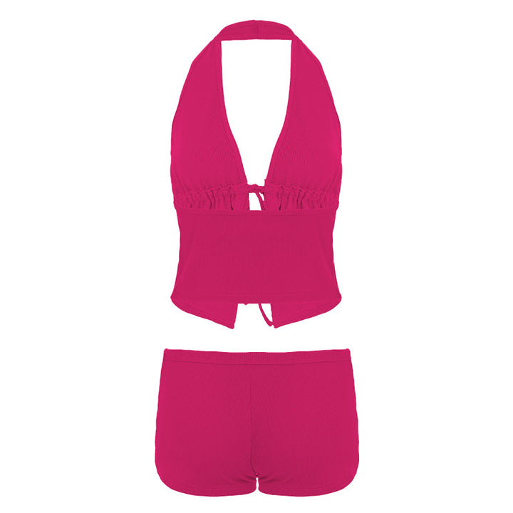 Damen elegantes Halter-Top mit herausragender Raffung und kurzen Shorts Drune