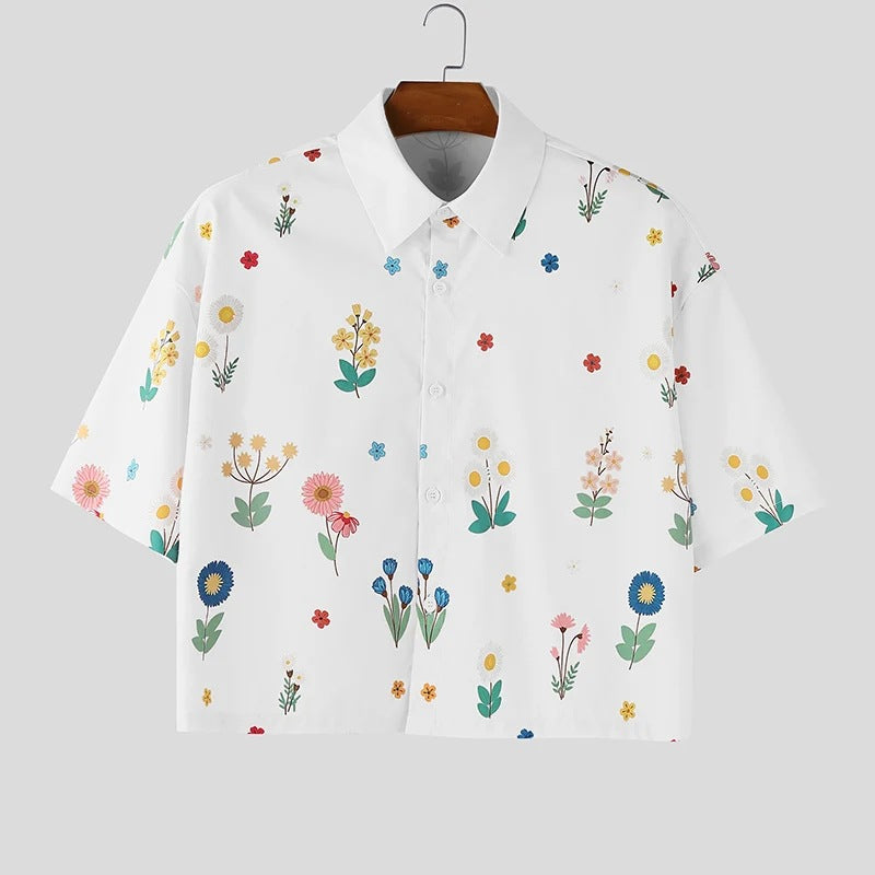 Damen nan kastig geschnittene Kurzarm-Hemdbluse mit floralem Allover-Print, Hemdkragen und kurzem Saum Drune