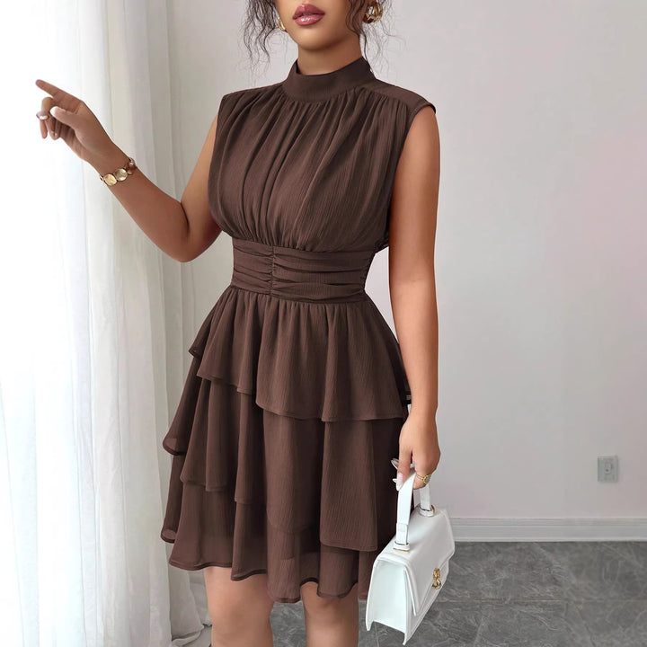 Damen Ärmelloses Chiffon-Stufenkleid mit Stehkragen und taillierter Raffung Drune