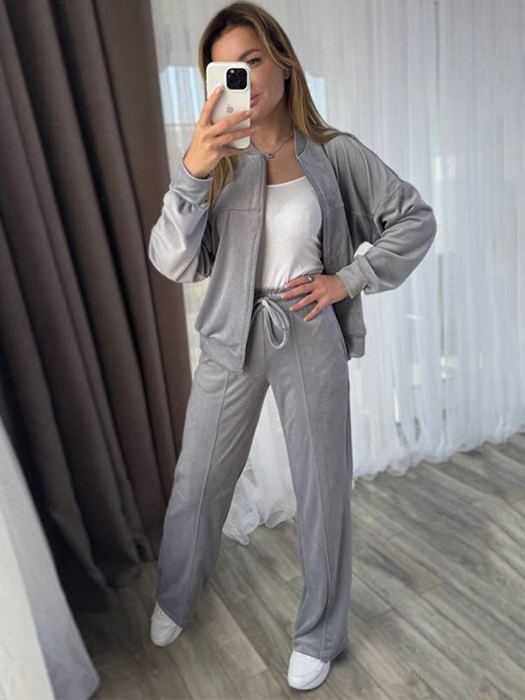 Damen Velours-Trainingsanzug mit Stehkragen und weitem Loungebund-Hosenbein Drune