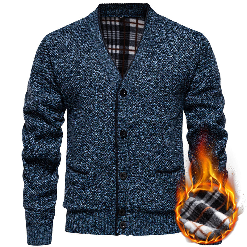 Herren Strukturierter V-Ausschnitt Strickcardigan mit kontrastierter Kante und kariertem Innenbesatz Drune