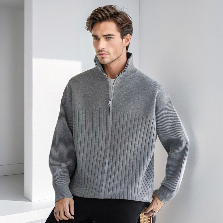 Herren Halbzip-Strickpullover mit hohem Stehkragen und breitem Rippenmuster Drune