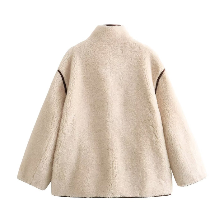 Damen nan kurze Schaffelloptik‑Jacke mit Stehkragen, verdeckter Knopfleiste und Eingrifftaschen Drune
