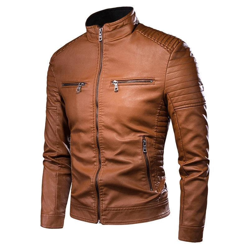 Herren Slim-Fit Biker-Lederjacke mit Stehkragen und gesteppter Schulterpartie Drune