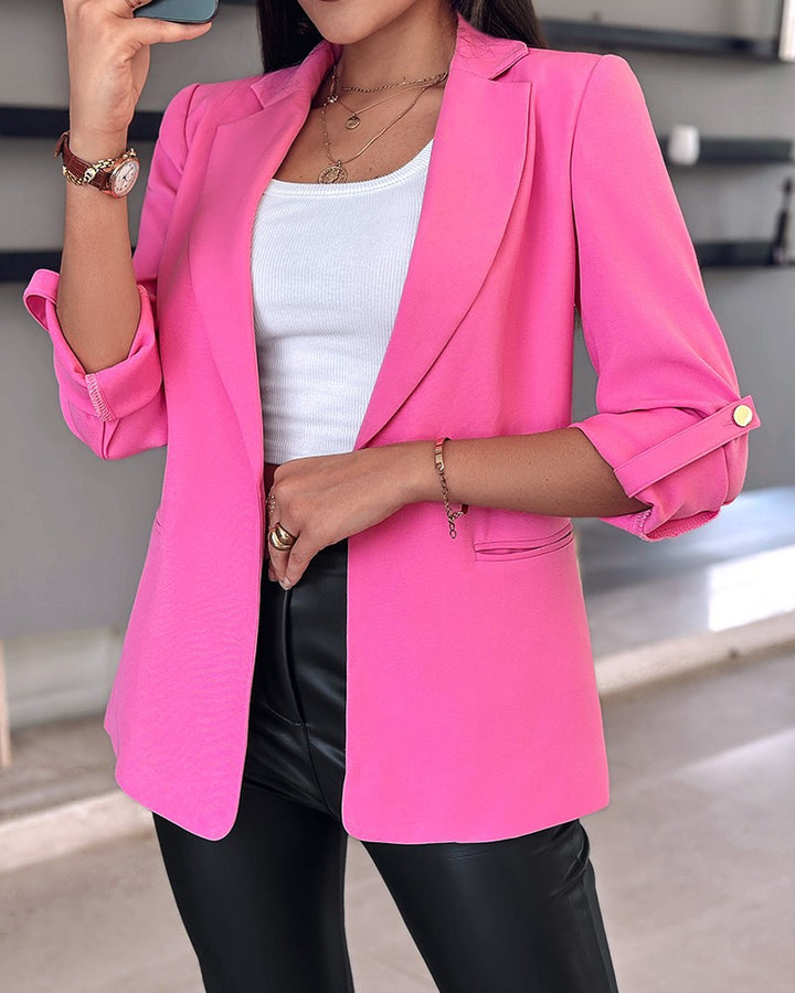 Damen Eleganter Blazer mit hochgeschlagenen Ärmeln und dekorativen Knopfdetails Drune