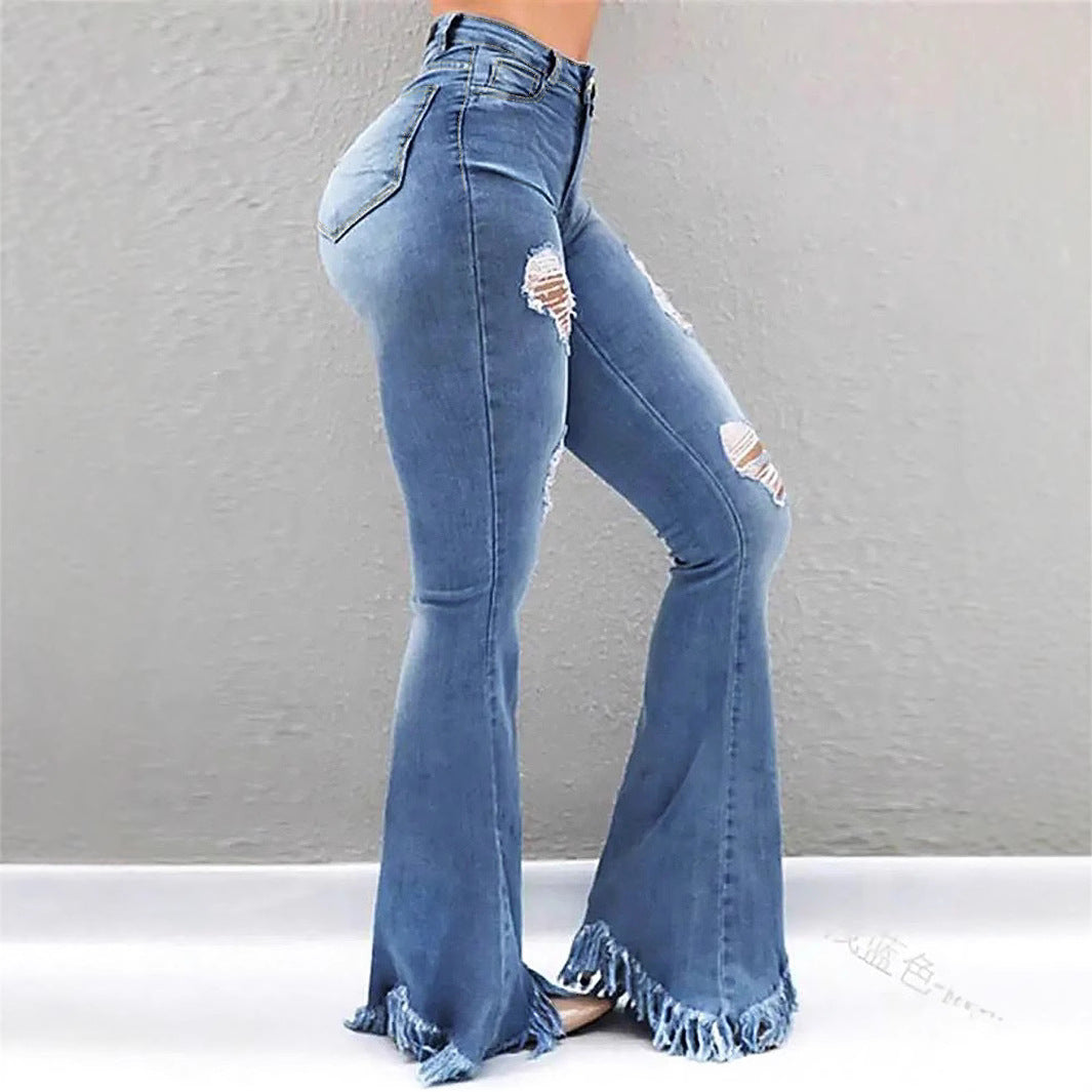 Damen High-Waist Flared-Jeans mit sculptendem Schnitt, Destroyed-Kniepartien und fransigem Volant-Saum Drune