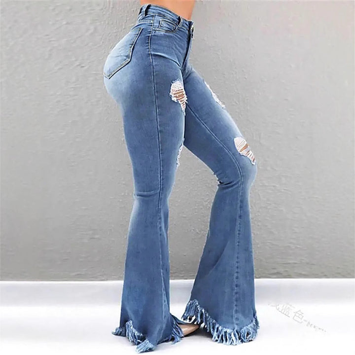 Damen High-Waist Flared-Jeans mit sculptendem Schnitt, Destroyed-Kniepartien und fransigem Volant-Saum Drune