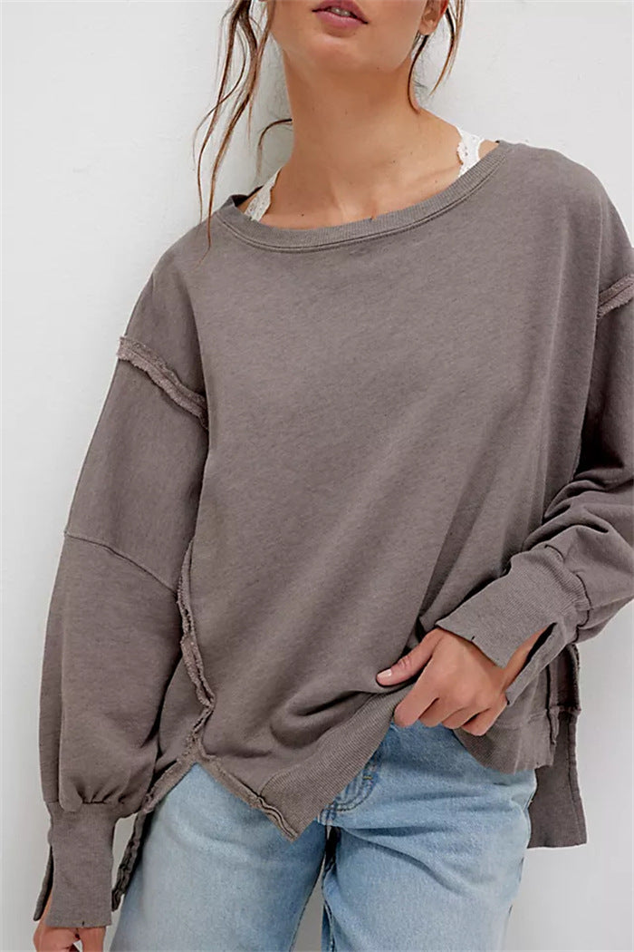 Damen oversized Sweatshirt mit Ballonärmeln, offenen Saumnähten und seitlichen Schlitzen Drune