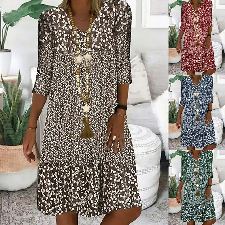 Damen Freizeit Stufen Kleid mit V-Ausschnitt und drei Viertel Ärmeln im floralen Allover-Druck Drune