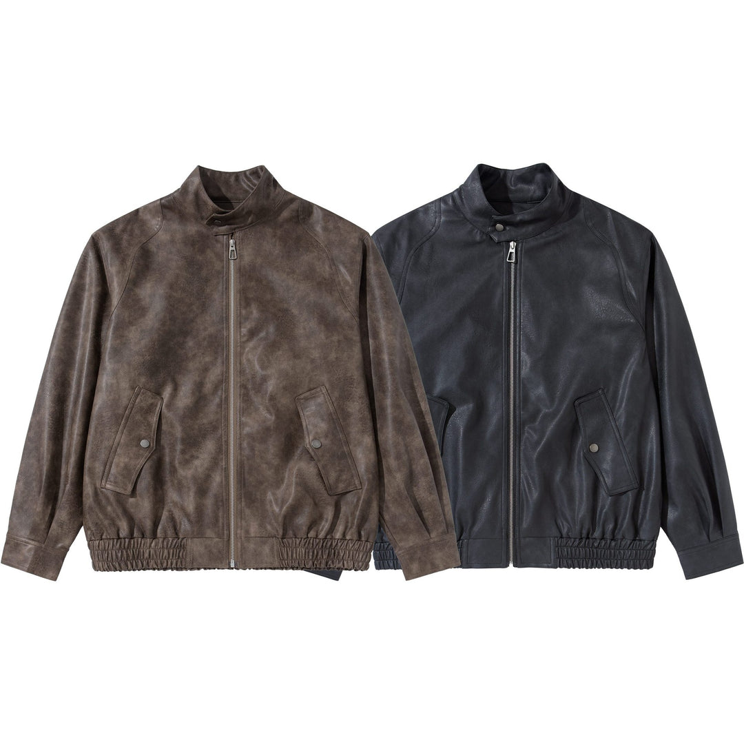 Herren Vintage‑inspirierte Kunstleder‑Bomberjacke mit Funnelkragen, Pattentaschen und elastischem Saum Drune