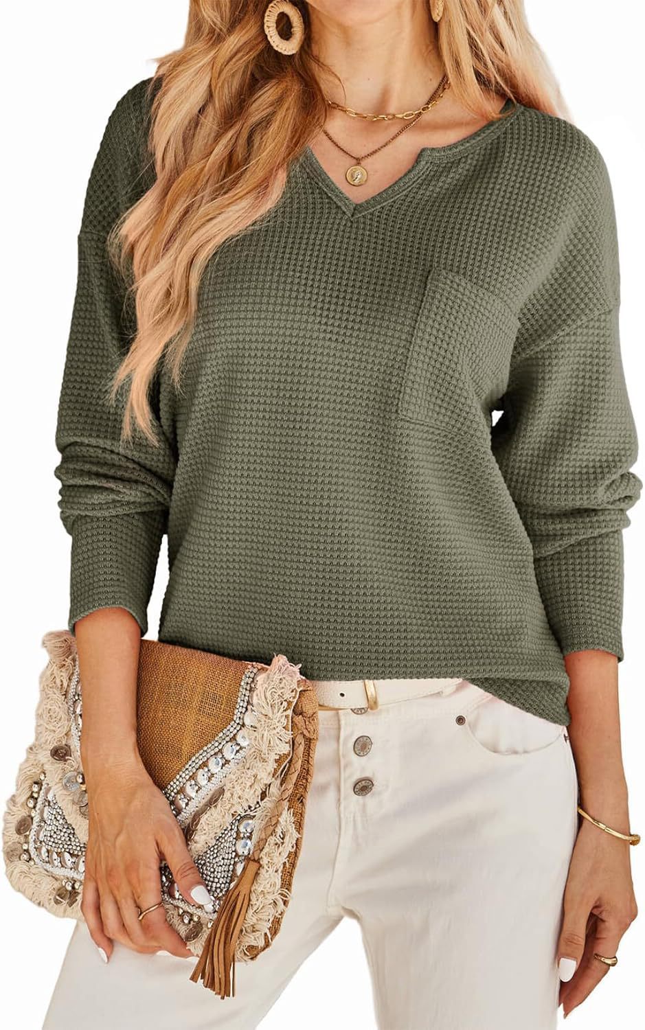 Damen Waffel-Strickpullover mit V-Ausschnitt, Brusttasche und lässiger Passform Drune