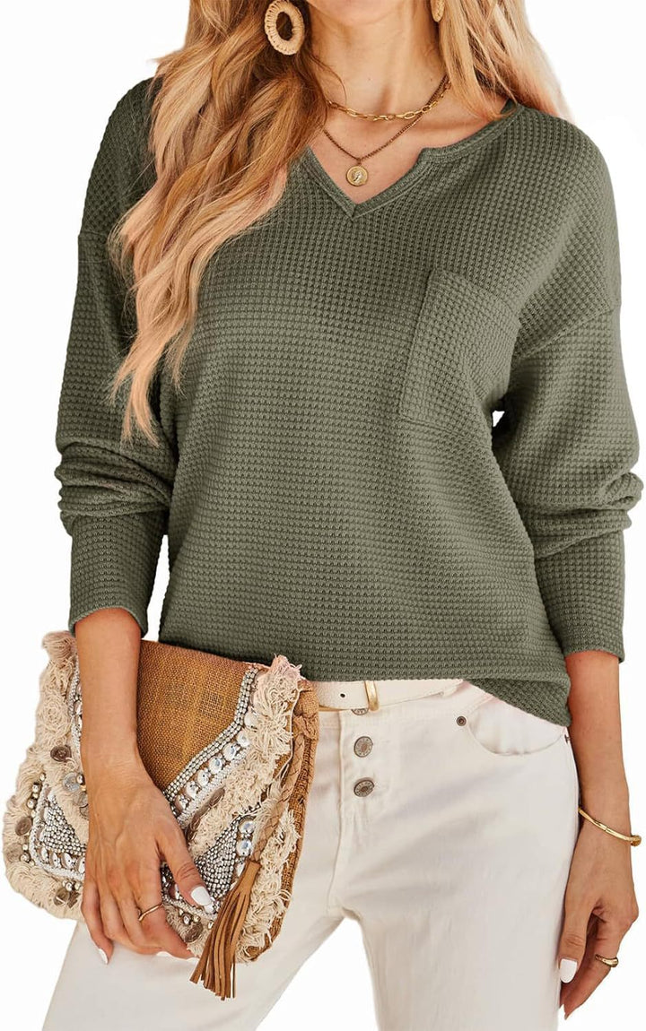 Damen Waffel-Strickpullover mit V-Ausschnitt, Brusttasche und lässiger Passform Drune