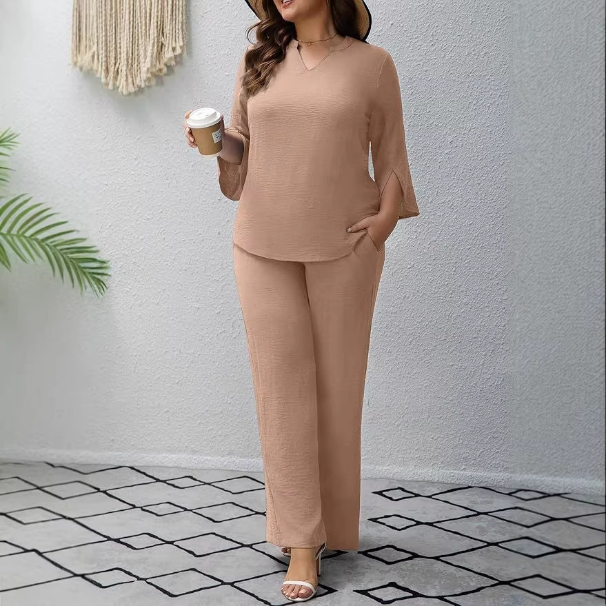 Damen Elegantes Zweiteiliges Palazzo-Set mit V‑Ausschnitt und geschlitzten 3/4‑Ärmeln Drune