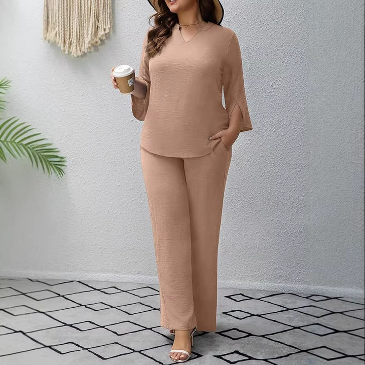 Damen Elegantes Zweiteiliges Palazzo-Set mit V‑Ausschnitt und geschlitzten 3/4‑Ärmeln Drune