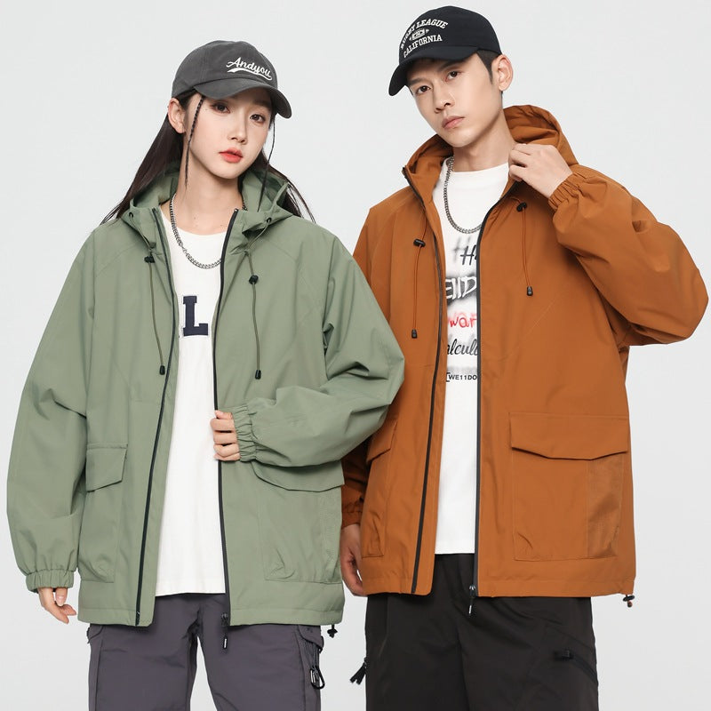 Damen Oversize Windbreaker Jacke mit Kapuze und Cargotaschen Drune