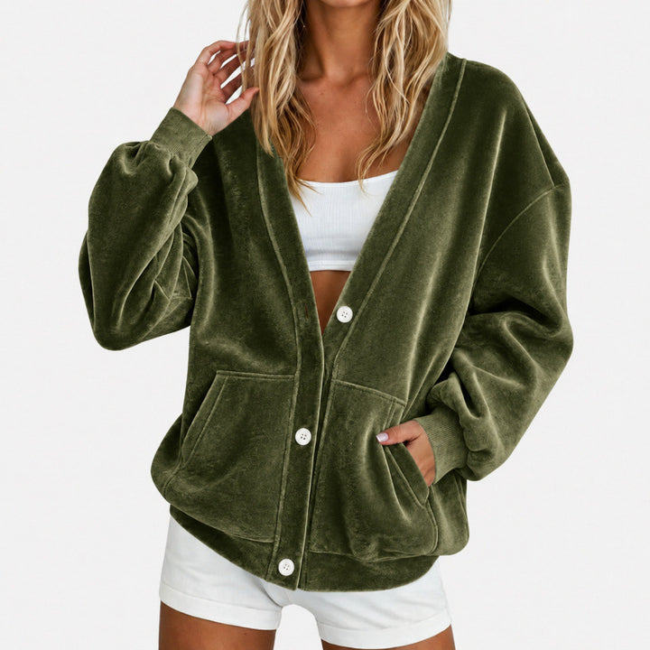 Damen Oversize-Relax-Cardigan aus Velours mit Knopfleiste und Eingrifftaschen Drune