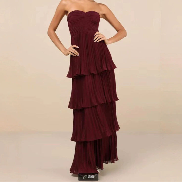 Damen Festliches Maxikleid mit schichtweisem Faltenrock und herzförmigem Ausschnitt Drune