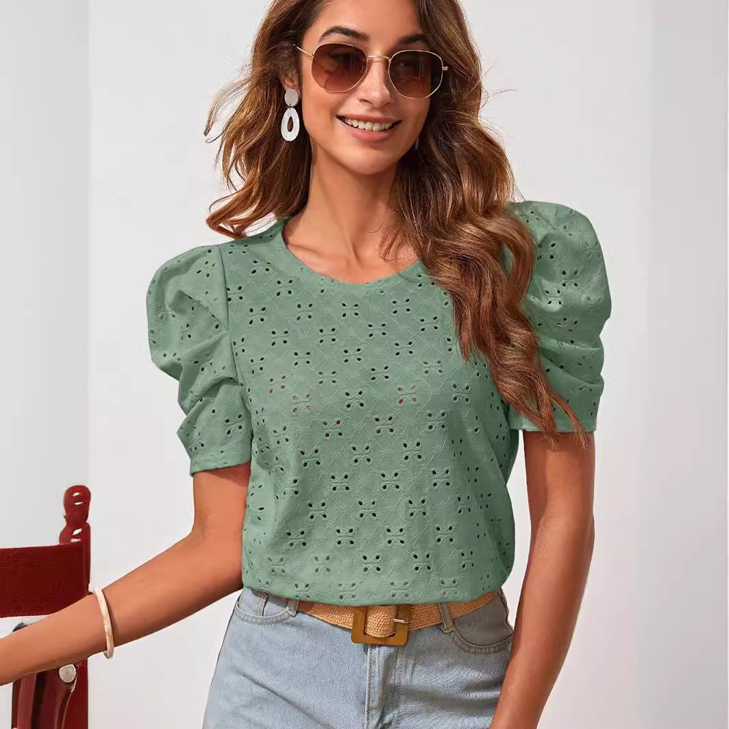 Damen Chic Kurzarmbluse mit Puffärmeln und Lochmuster Drune