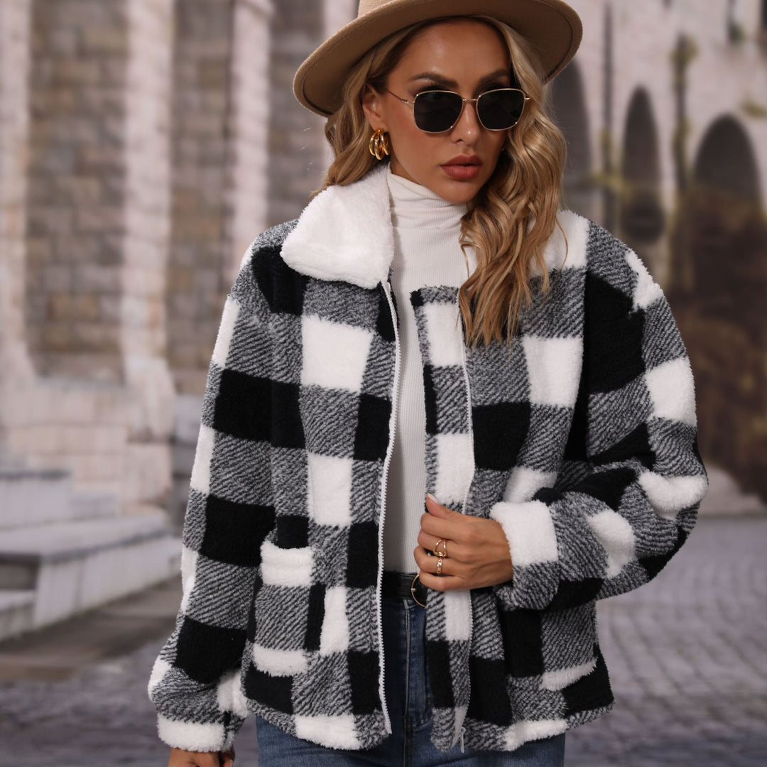 Damen Kuschelige Karojacke mit asymmetrischem Reißverschluss Drune