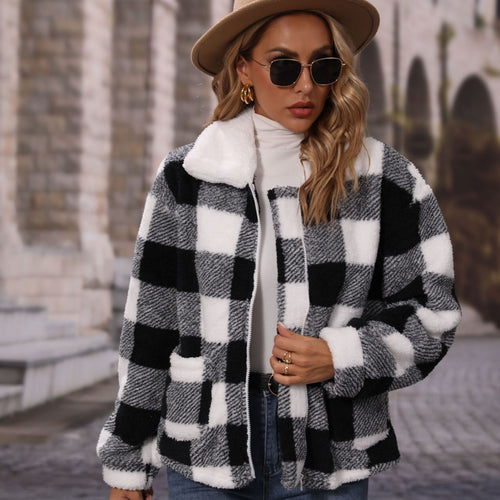 Damen Kuschelige Karojacke mit asymmetrischem Reißverschluss Drune