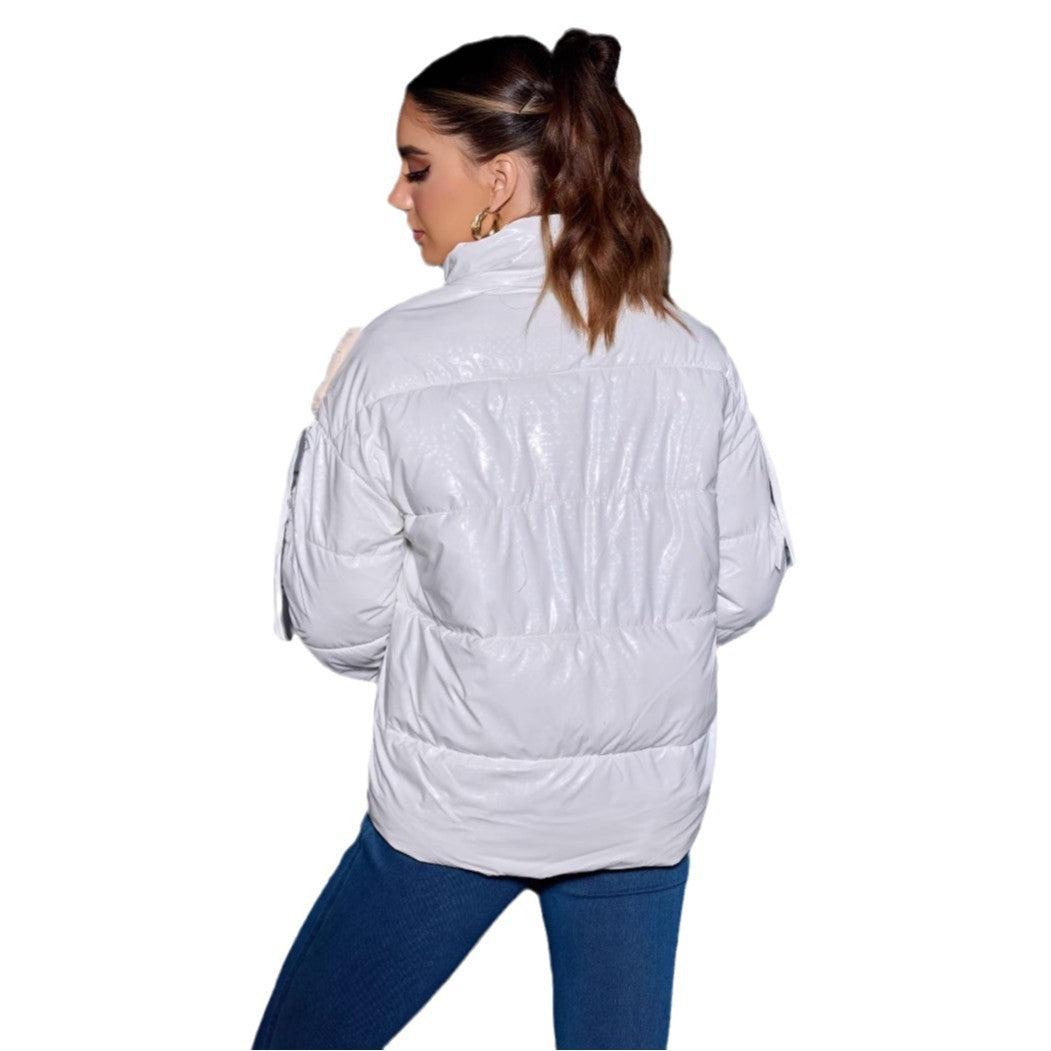 Damen Wattierte Steppjacke mit Kunstfell-V‑Einsatz, Stehkragen & Reißverschluss Drune