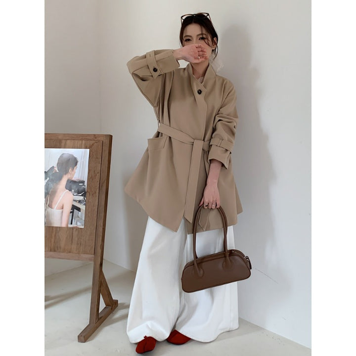 Damen Kurzer Oversize-Mantel mit Bindegürtel, breiten Pattentaschen und legerer Schulter Drune