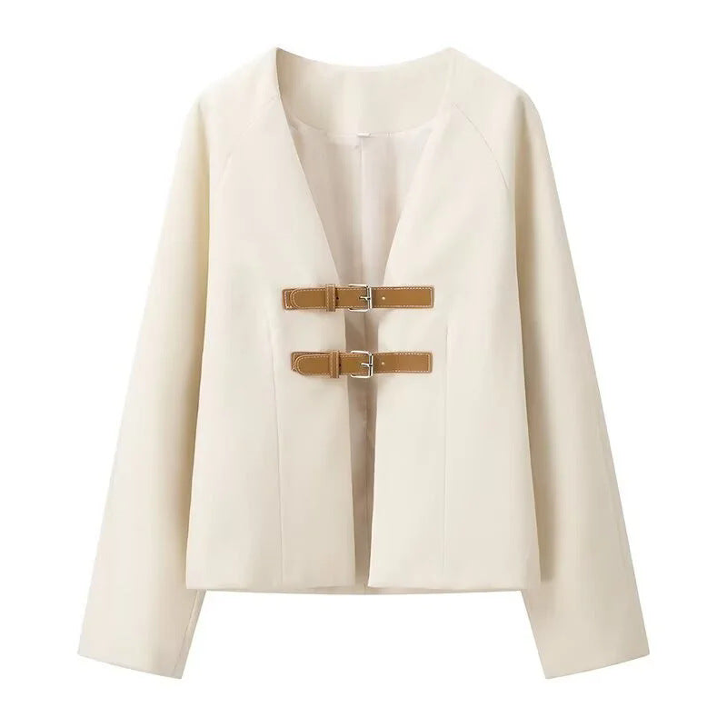 Damen nan kurz geschnittene Jacke mit V-Ausschnitt, zweifachem Schnallenverschluss und kastiger Silhouette Drune
