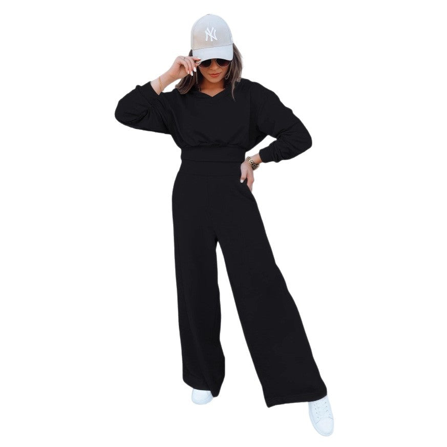 Damen Loungewear-Set mit Cropped V‑Ausschnitt-Pullover und hochtaillierter Palazzohose Drune