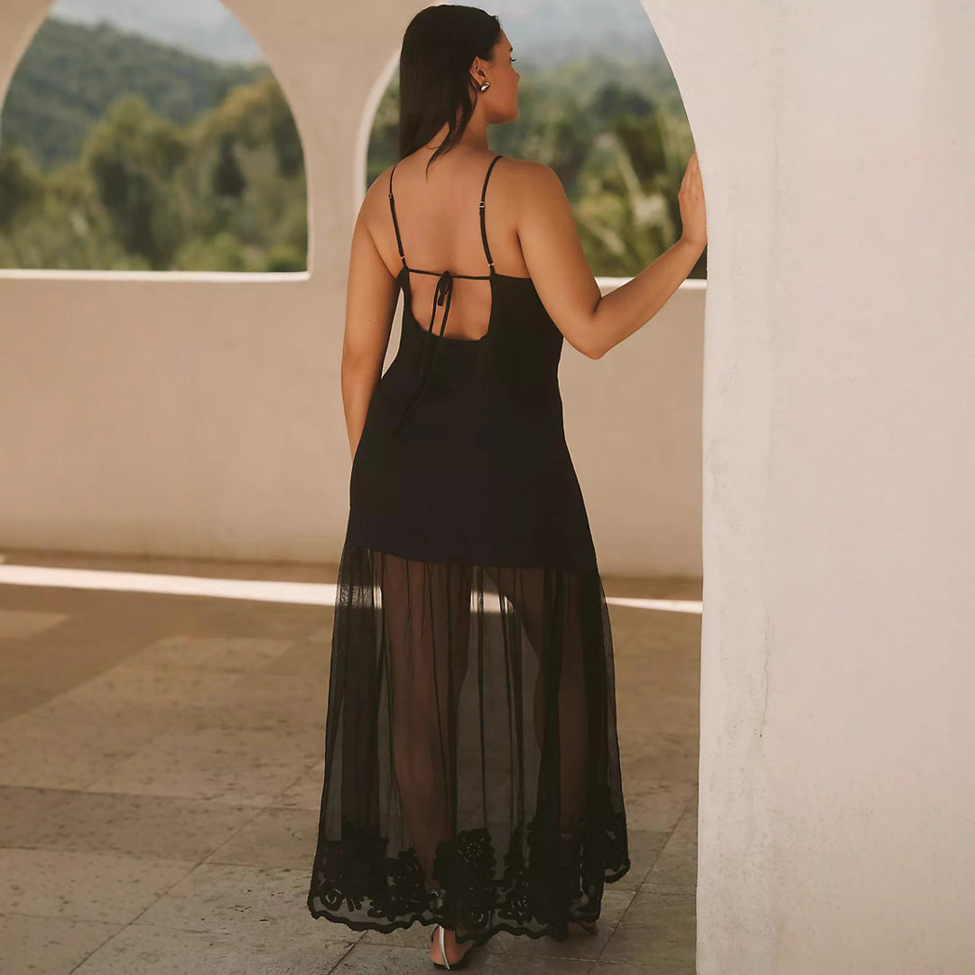 Damen nan Lagenmaxikleid mit kurzem Innenkleid und transparentem Tüll-Überrock, V-Ausschnitt und feinen Spaghettiträgern Drune